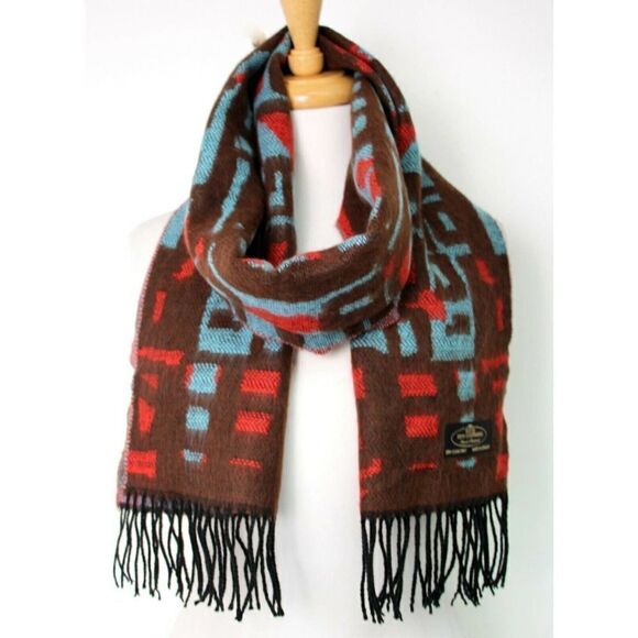 GERMANY BROWN RED BLUE 100% CASHMERE FRINGE SOFT WRAP SCARF (F38 - Picture 5 of 6